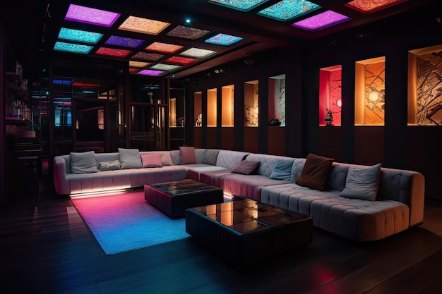 Interior of modern living room with colorful lighting 3d render A decorated night club with stylish couches and colorful cocktail tables AI Generated