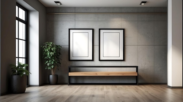 Interior of modern living room with empty frame on the wall and wooden floor