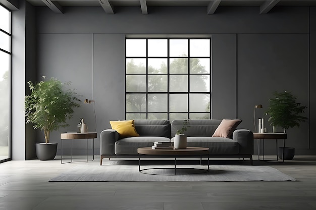 interior of modern living room with gray walls concrete floor comfortable gray sofa