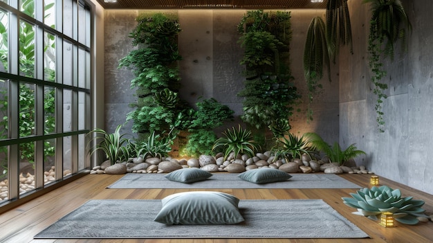 Interior of modern living room with green plants