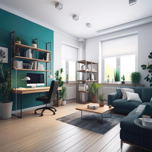 Interior of modern living room with green walls wooden floor comfortable sofa and bookshelf