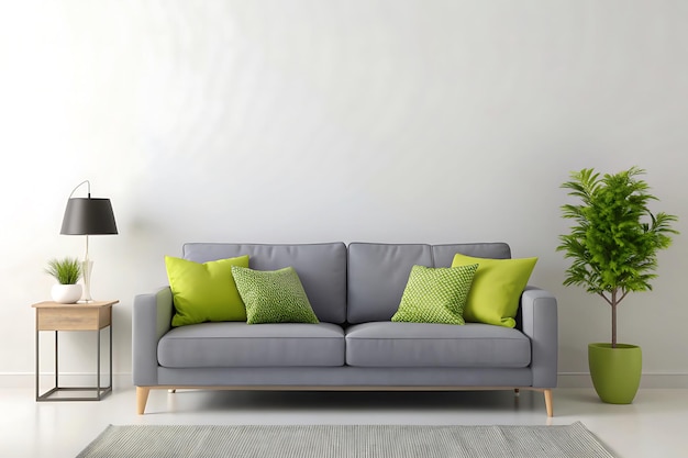 Interior of modern living room with grey sofa and green pillows with wooden coffee table