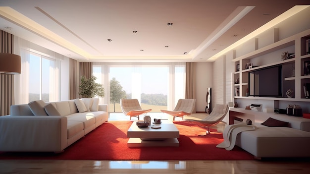 Interior of a modern living room with a large window generative AI