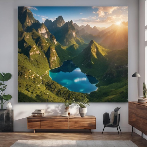 Interior of modern living room with mountain view 3D render