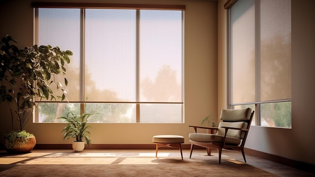 Interior of a modern living room with a panoramic window