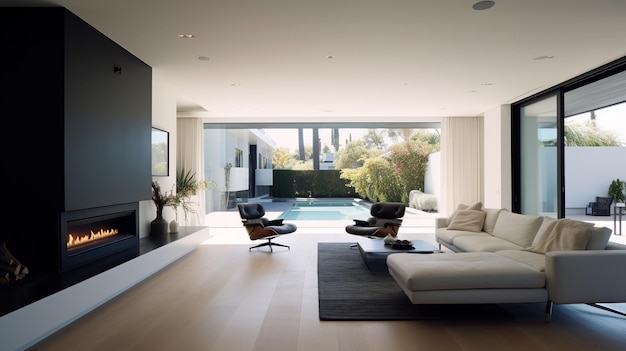 Interior of modern living room with sea view sofa and coffee table