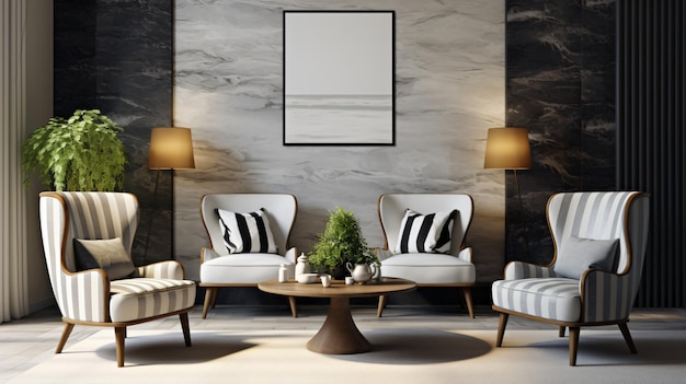 Interior of a modern living room with striped accent