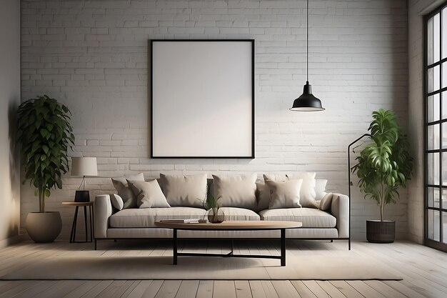 Interior of modern living room with white brick wall sofa coffee table and mock up poster frame