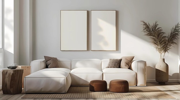 Interior of modern living room with white walls tiled floor comfortable white sofa standing near