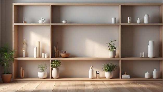 Interior of modern living room with white walls tiled floor wooden bookcase with books and sofa