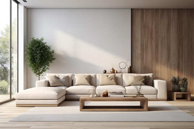 Interior of modern living room with white walls wooden floor beige sofa and bookcase 3d rendering