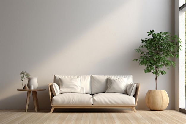 Interior of modern living room with white walls wooden floor beige sofa and coffee table with plant