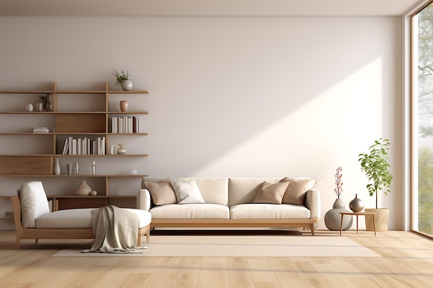 Interior of modern living room with white walls wooden floor comfortable brown sofa and bookcase 3d rendering