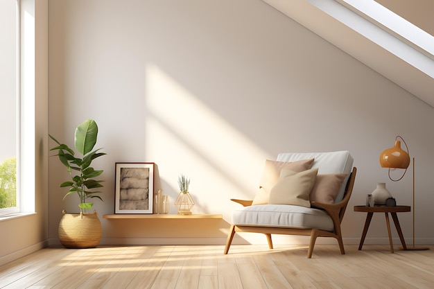 Interior of modern living room with white walls wooden floor comfortable brown sofa and bookcase 3d rendering