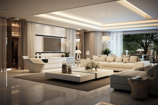 Interior of modern living room with white walls wooden floor white sofa and coffee table with books