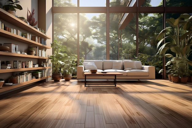 Interior of modern living room with wooden floor panoramic window view