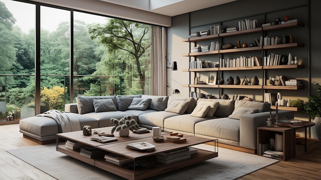 interior of modern living room with wooden furniture