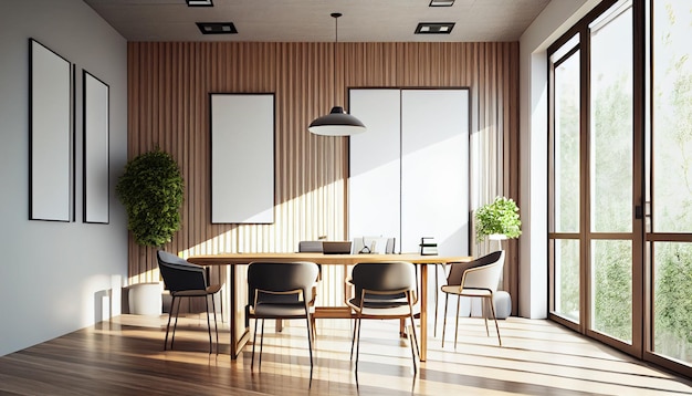 Interior of modern living room with wooden walls wooden floor panoramic window and two armchairs standing near itgenerative ai