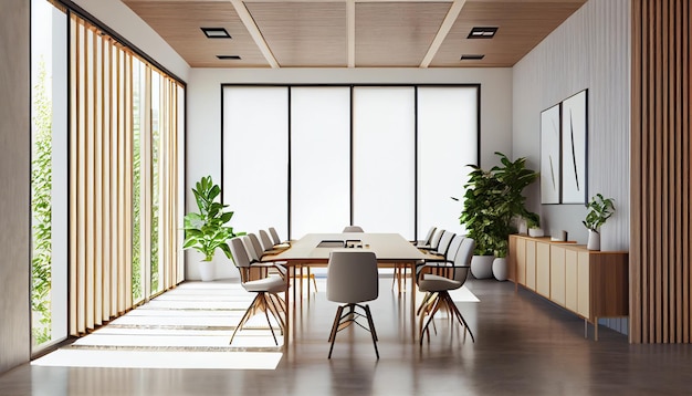 Interior of modern living room with wooden walls wooden floor panoramic window and two armchairs standing near itgenerative ai