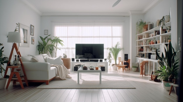 interior modern living room workspace with desk and desktop computer