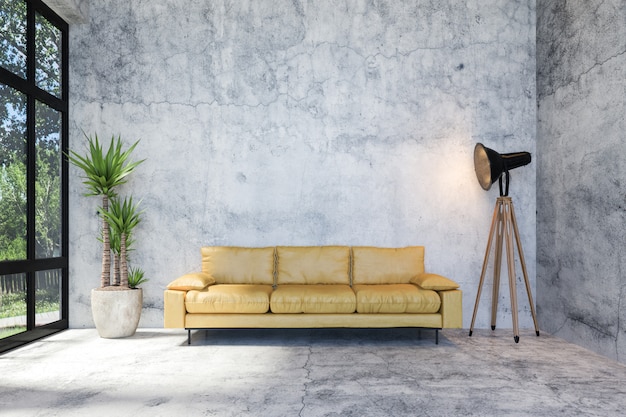 Interior of Modern Loft Concrete Living Room with Retro Style Furniture and Copy Space on Wall for Mock Up, 3D Rendering