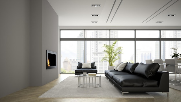 Interior of modern loft with fireplace and black sofa 3D rendering