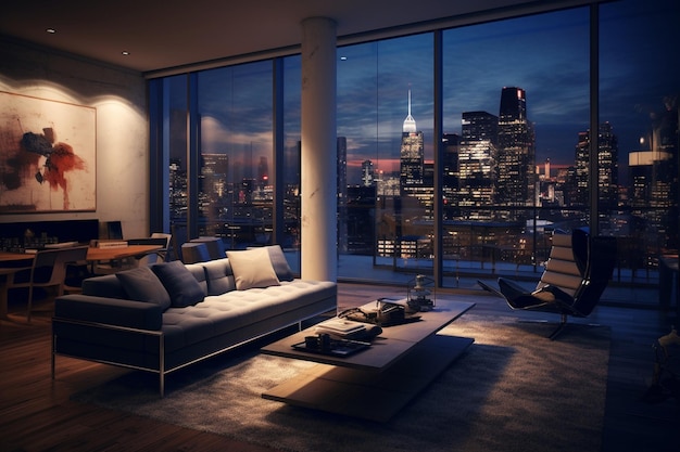 Photo the interior of a modern luxury apartment with a stunning view of the city skyline