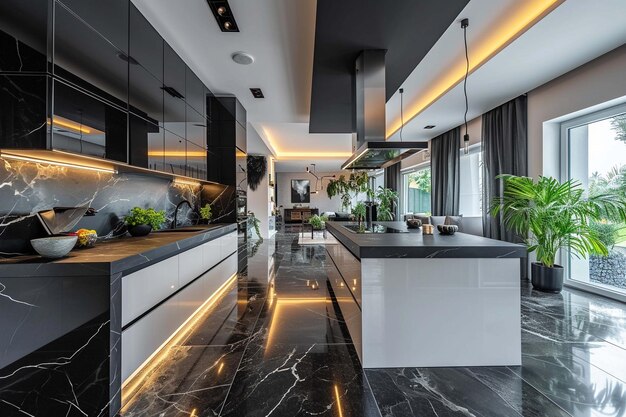 Interior modern luxury kitchen room Design black and white decor