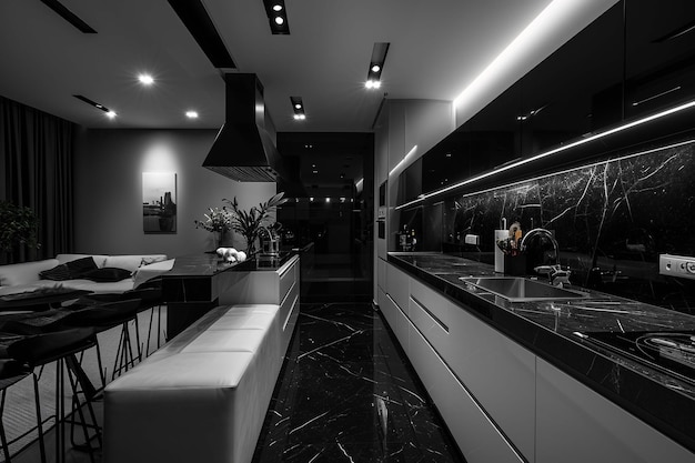 Interior modern luxury kitchen room Design black and white decor