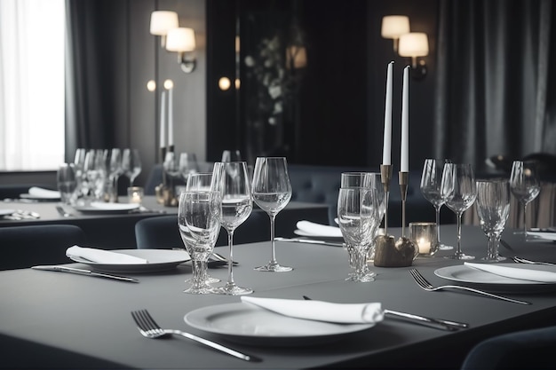 Interior of modern luxury restaurant served table in empty room generative AI