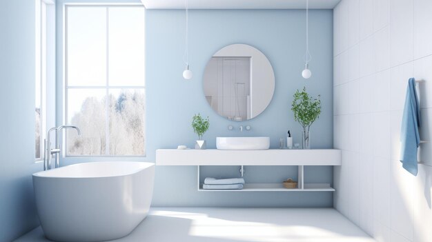 Interior of modern luxury scandi bathroom with window and white walls free standing bathtub wash