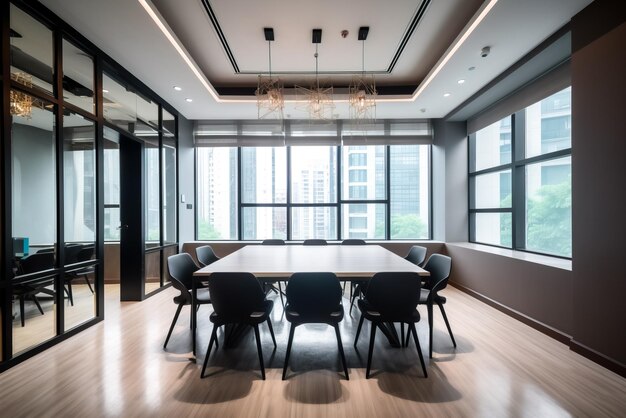 Interior of modern meeting room with wooden walls concrete floor panoramic windows and dark brown furniture Generative AI