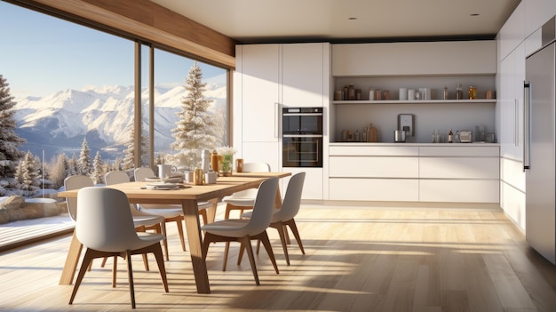 Interior of modern minimalist white kitchen in luxurious villa Flat facades wooden dinner table with chairs panoramic window with scenic winter forest view