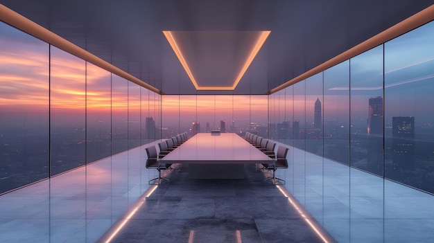 Interior of modern office meeting room with grey walls wooden floor and glass conference table with