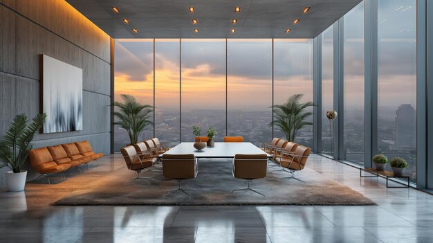 Interior of modern office meeting room with grey walls wooden floor and glass conference table with