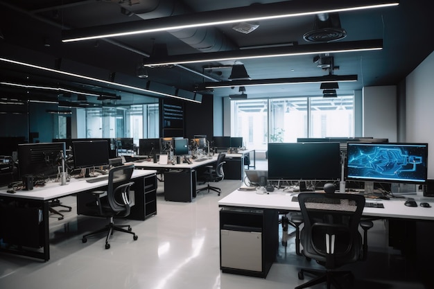 Interior of modern office space with rows of desks and hightech gadgets created with generative ai