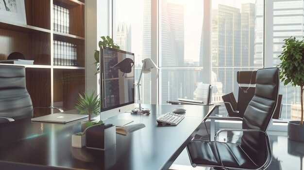 Interior of modern office with computer on desk generative ai