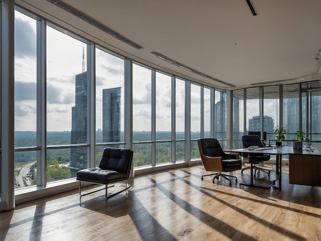 Photo interior of modern office with glass walls panoramic windows and furniture