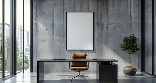 Photo interior of modern office with gray walls concrete floor gray computer table with brown armchair and vertical mock up poster frame