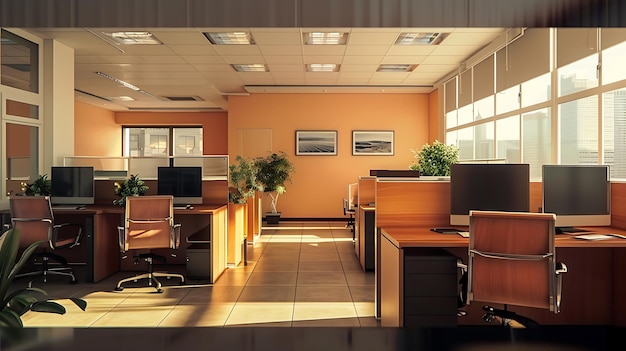 Interior of a modern office with orange walls tiled floor and rows of computer tables