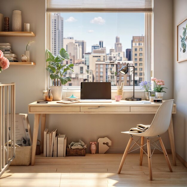 Interior of modern office with wooden table and chair 3d render