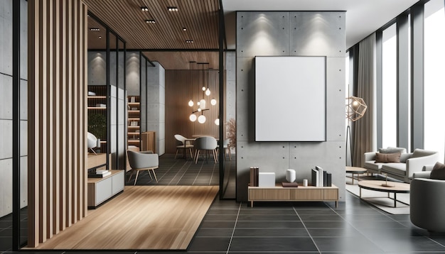 Interior of modern office with wooden walls tiled floor panoramic window with blurry cityscape and mock up poster Generative AI