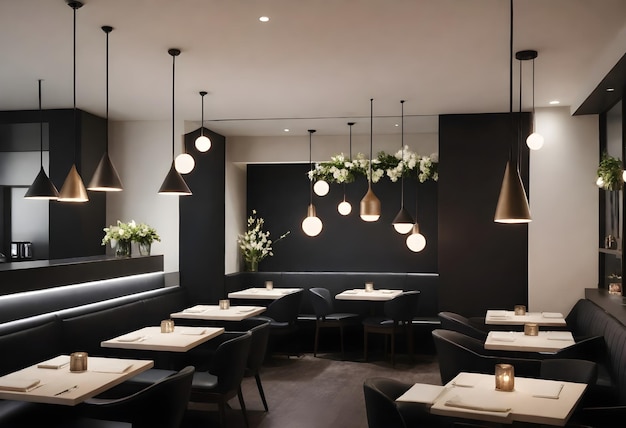 Interior of a modern restaurant with dark geometric pendant lights and tables set with flowers