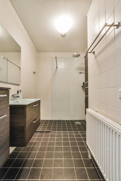 Interior of modern restroom with shower