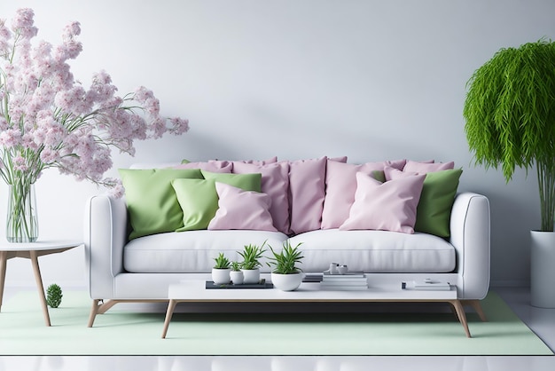 Interior of modern room with comfortable sofa and table with spring flowers