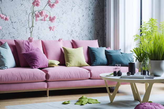 Interior of modern room with comfortable sofa and table with spring flowers