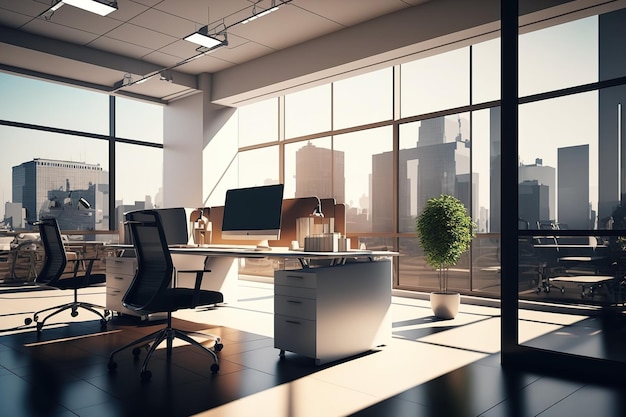 Interior of a modern roomy workplace with a city view and daylight Concept for a workplace design