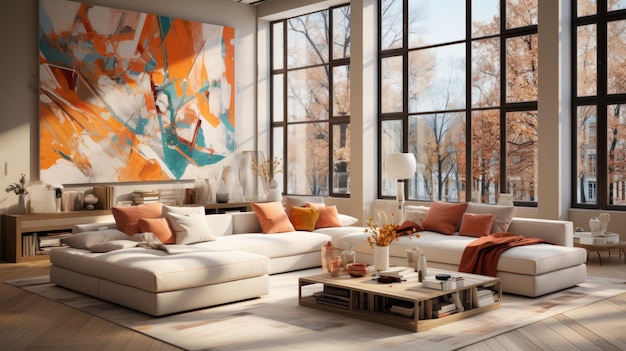 Interior of modern spacious bright studio apartment Living area with comfortable sofa and large abstract painting on the wall Natural colors floortoceiling windows with forest view 3D rendering