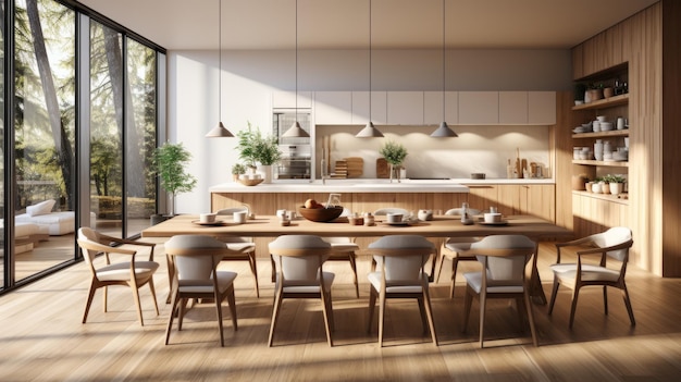 Interior of modern spacious kitchen with wooden trim in luxury villa Open shelves with utensils dining table with chairs panoramic windows with picturesque landscape view Contemporary home design