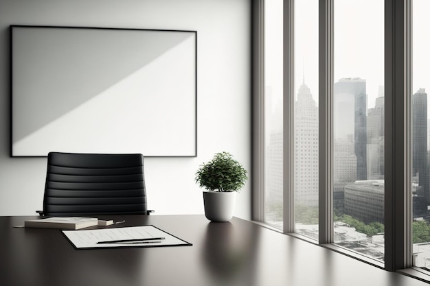 Interior of a modern workplace conference desk Cityscape with a large window Mock up of a white wall copy space